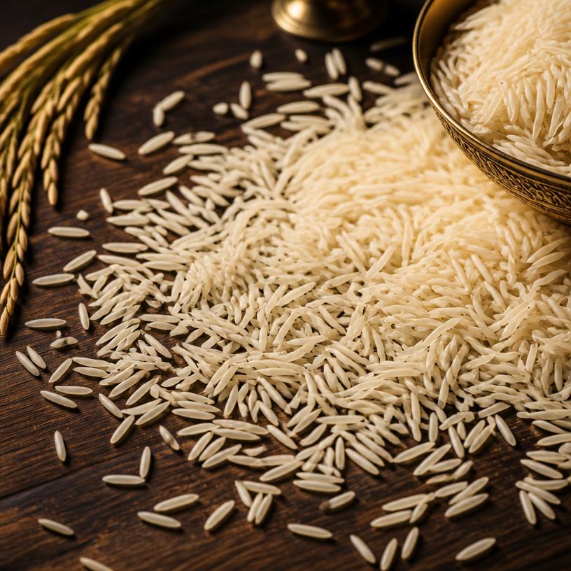 Premium extra long grain Basmati rice scattered on a dark wooden surface