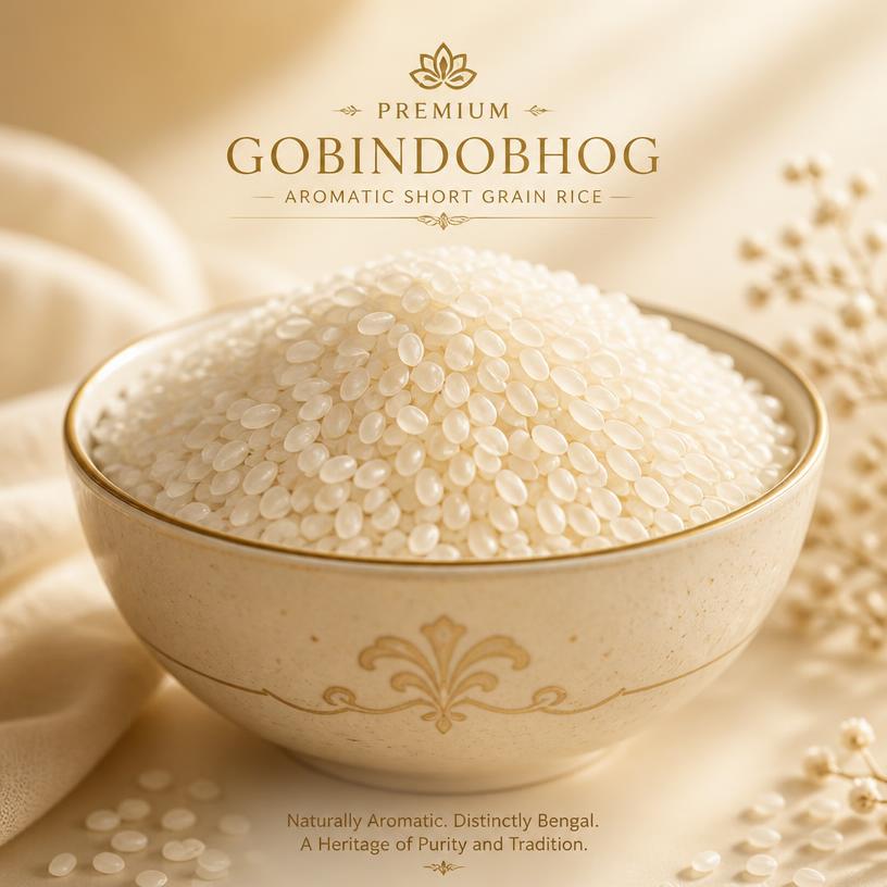Royal Gobindobhog short-grain aromatic rice in an elegant cream bowl