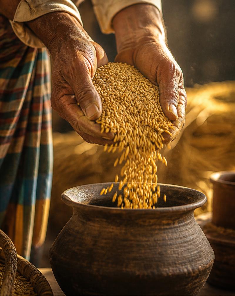 Weathered hands pouring golden rice grains into a traditional clay pot