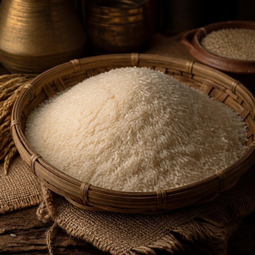Sona Masuri rice heap in a woven bamboo basket